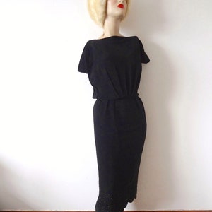1950s Carlye Cocktail Dress - bombshell vintage black bead and soutache skirt wiggle dress size S