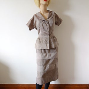 Vintage 1950s Day Dress | 50s two piece cotton voile shirt jacket and skirt suit by Morton Bregman size M