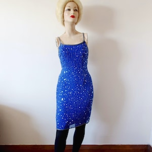 Vintage Beaded Cocktail Dress - blue silk and sequin party dress