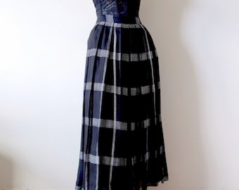 Falda plisada de lino a cuadros de la década de 1980 - falda vintage de primavera verano midi a-line
