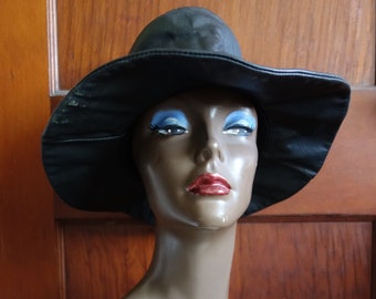 1970s Black Leather Hat - vintage wide brim hat