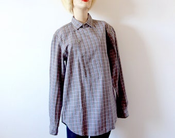 Camisa de algodón a cuadros de la década de 1980 - blusa retro con botón lateral vintage