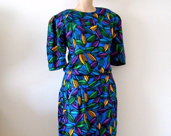 1980s Blouson Silk Dress - vintage bold print big shoulder power lunch dress