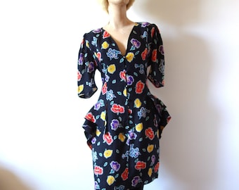 Vestido estampado floral UNGARO - Vestido tubo vintage de lino de diseñador de los años 80 con peplum