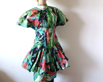 1980s Exotic Floral Peplum Dress