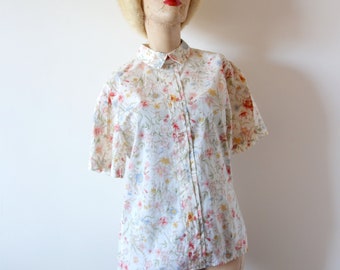 1980s Floral Print Cotton Shirt - vintage 1950s style short sleeve button back blouse