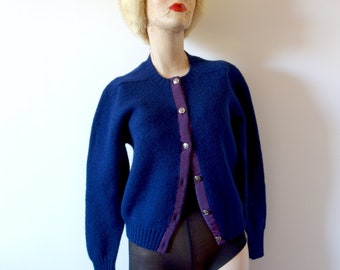 1960s Navy Blue Wool Cardigan - vintage longsleeve crew neck sweater