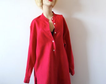 Top de túnica de lino rojo de la década de 1980 - encubrimiento de playa vintage