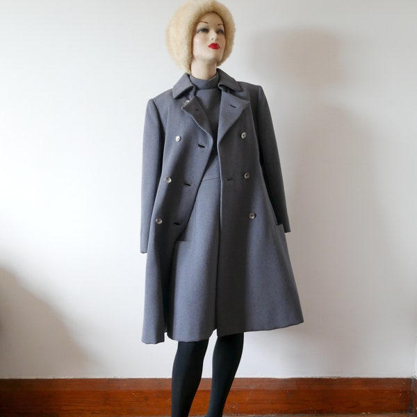 1960s Dress and Coat Set | Damselle mod vintage princess seam grey winter peacoat and aline sheath dress