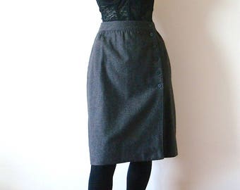 Vintage ESCADA Wool Skirt - grey side button a-line wrap skirt - 1980s designer vintage size M