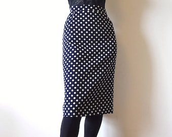 Vintage UNGARO Pencil Skirt navy & white polka dot wiggle skirt - designer vintage made in Italy