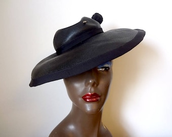 1940s Tilt Hat - wide brim black straw hat with pin - vintage art deco accessory