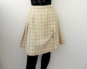 1960s Wool Skirt / short plaid wrap kilt with pin / collegiate vintage fall & winter fashion