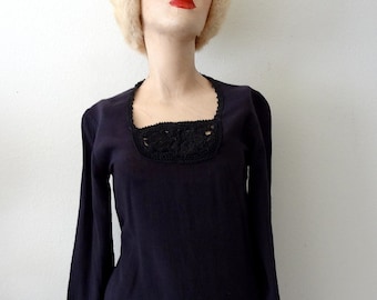 1970s Cotton Hippie Blouse / black crochet lace detail top with bell sleeves / vintage ethnic wear