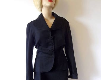 1940s-50s Wool Jacket, vintage black wasp waist suit coat, blazer, size M