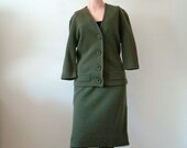 1960s Wool Knit Suit Mohair Pencil Skirt Cardigan Sweater Mad Men Office Fashion