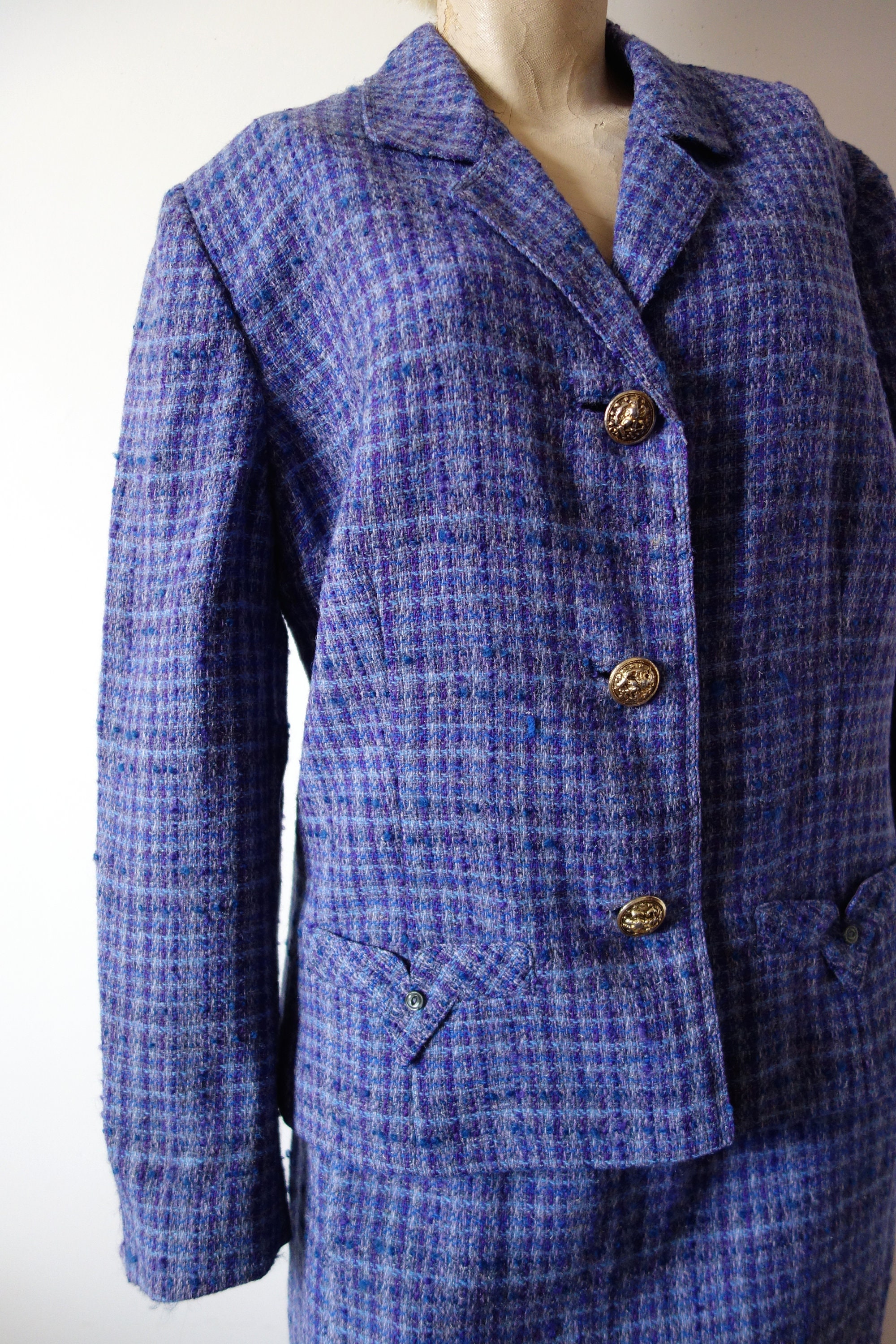 Medium 1960s Davidow Three Piece Blue Tweed Skirt Suit