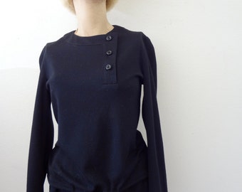 1970s Wool Shirt / black knit top with drawstring waist / designer vintage