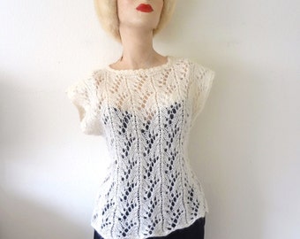 1960s Crochet Wool Sweater - vintage mohair knit top - off white shell