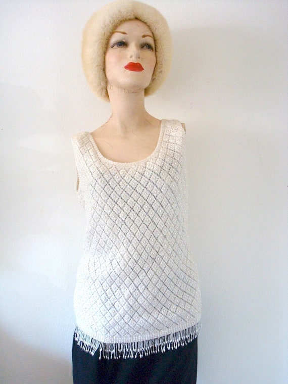 1950s-60s Beaded Sweater - ivory wool sequin slee… - image 1