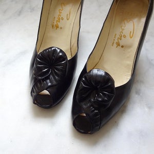 1960s Black Peep Toe Pumps - vintage leather high heel dress shoes size 7.5 AA