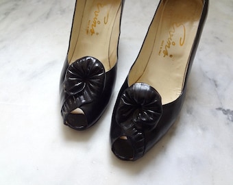 1960s Black Peep Toe Pumps - vintage leather high heel dress shoes size 7.5 AA