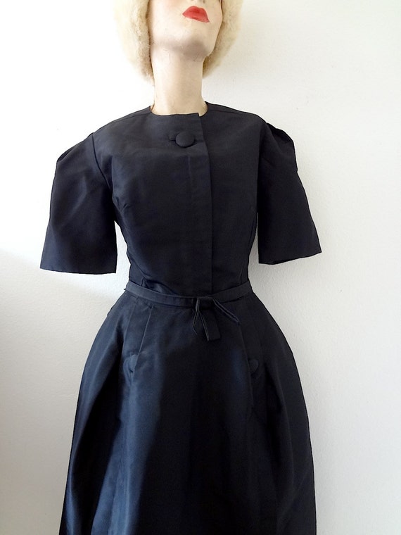 1960s Teal Traina Dress / black silk taffeta cock… - image 3