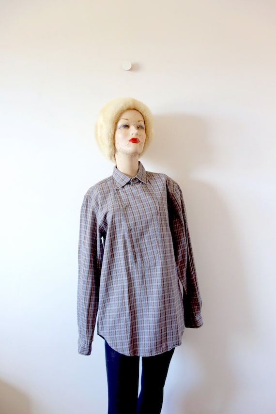 1980s Plaid Cotton Shirt - vintage side button ret