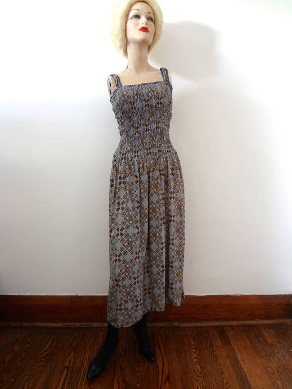 1980s Batik Sundress Vintage Ethnic Print Rayon Smocked 1980s Batik Sundress Vintage Ethnic Print Rayon Smocked