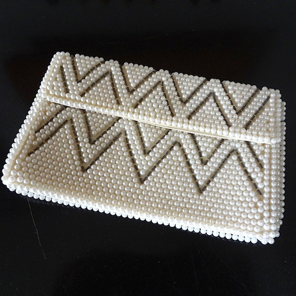 1960s Beaded Clutch Purse - vintage pearl and silver zig-zag design evening bag