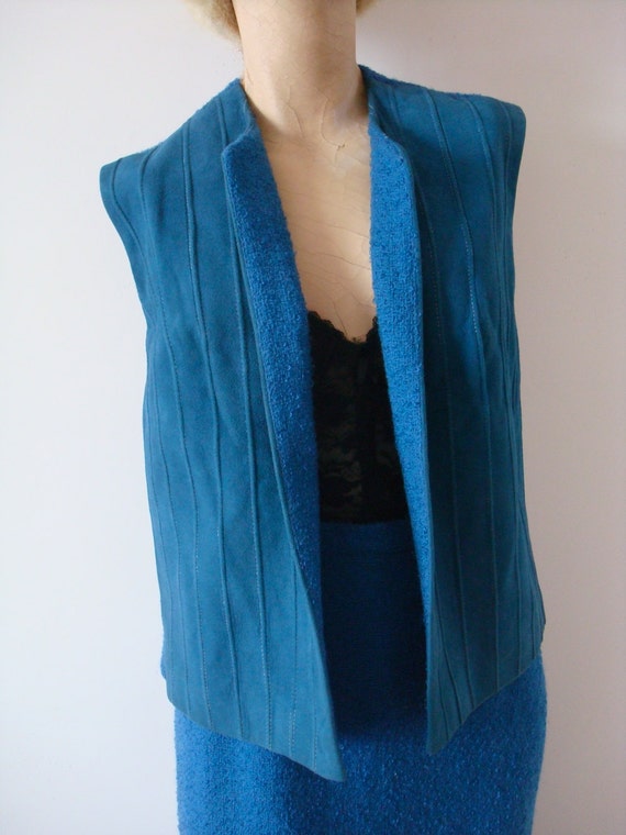 1960s Pencil Skirt and Vest - Blue 2 Piece Suit -… - image 5