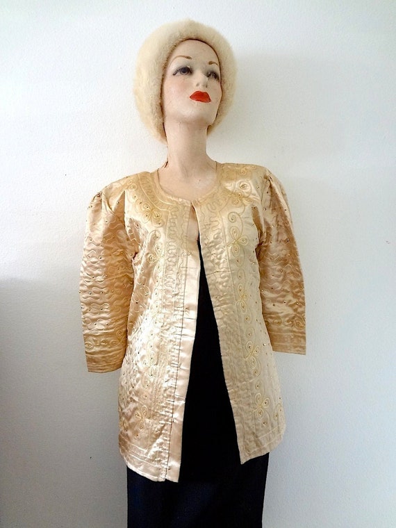 1930s Gold Satin Shirt Jacket with sequins & beads / deco era vintage cocktail attire