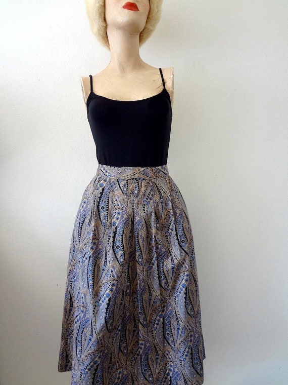 1970s Pleated A-Line Skirt / Cotton Paisley Print 