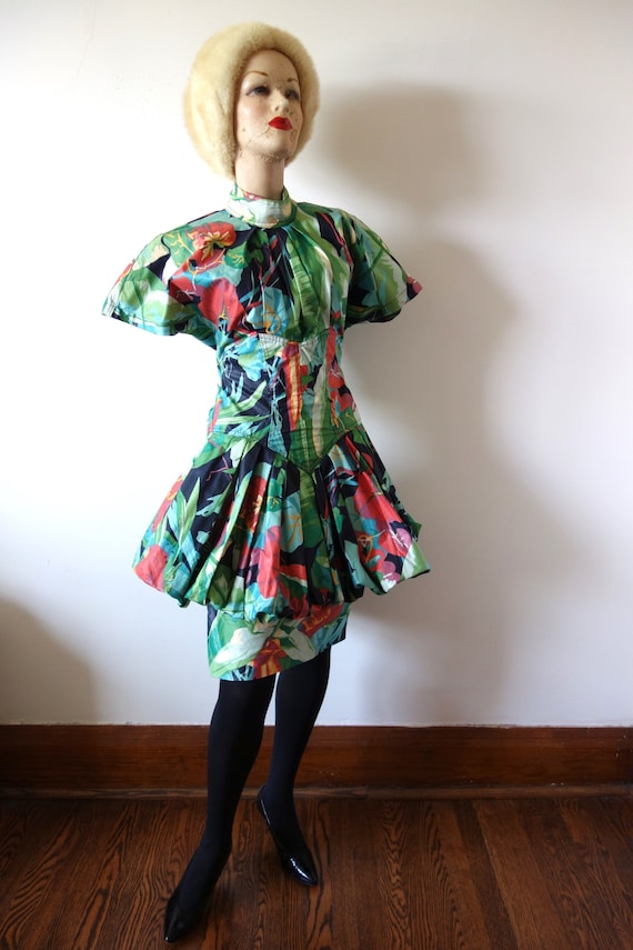 1980s Exotic Floral Peplum Dress