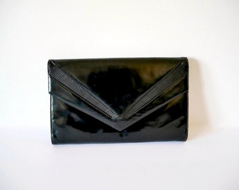 1980s Black Leather Clutch Purse / Shoulder Bag