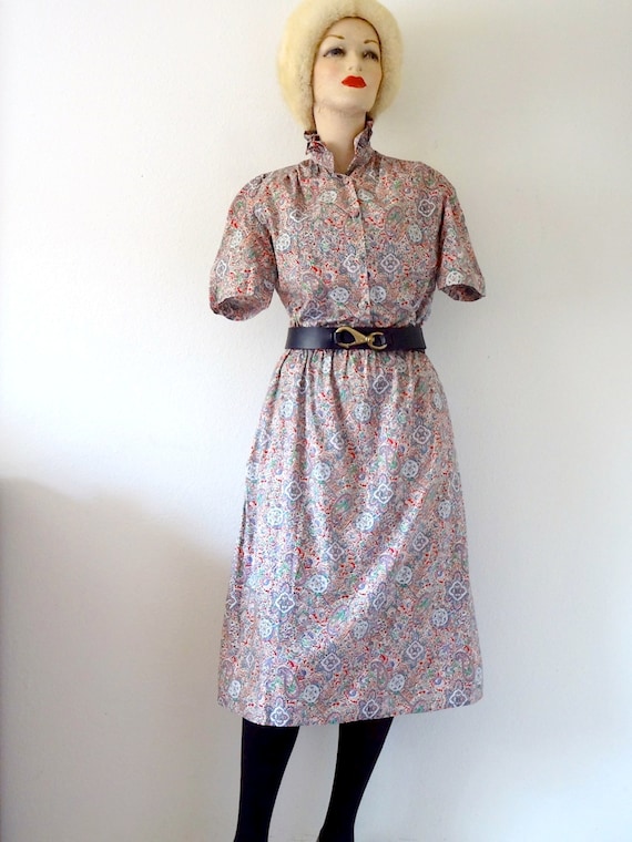 1970s Cotton Shirtwaist - vintage paisley print day dress - boho prairie