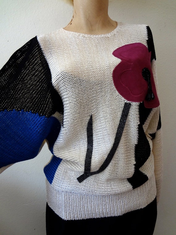 1980s Sweater / Avant Garde Knit Top with Suede F… - image 4