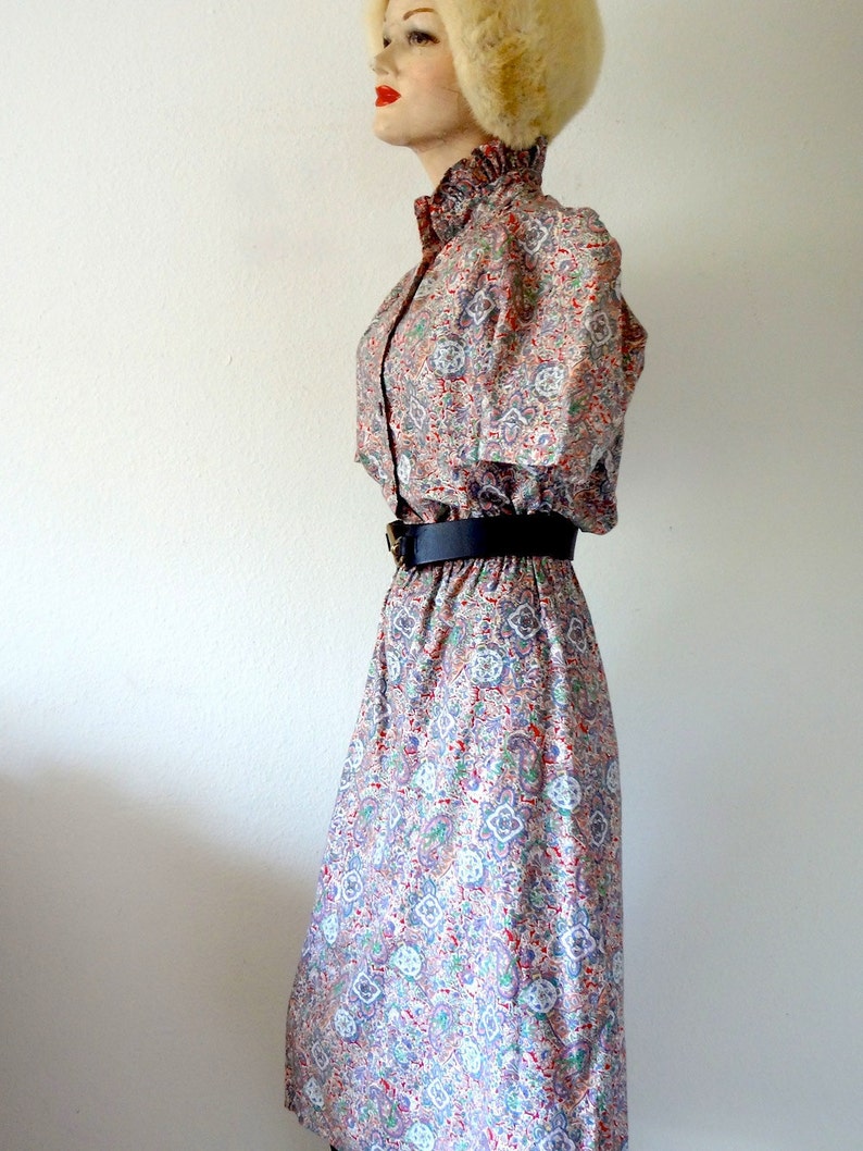 May include: A vintage dress with a paisley print in shades of red, blue, and white. The dress has a collared neckline, long sleeves, and a fitted waist with a black belt.