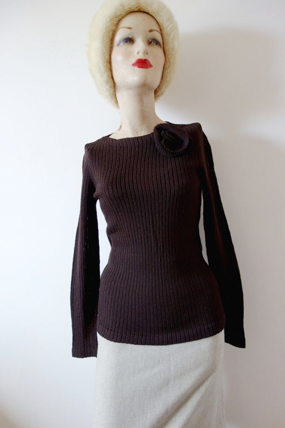 1970s Brown Knit Top | vintage rib knit bateau ne… - image 2