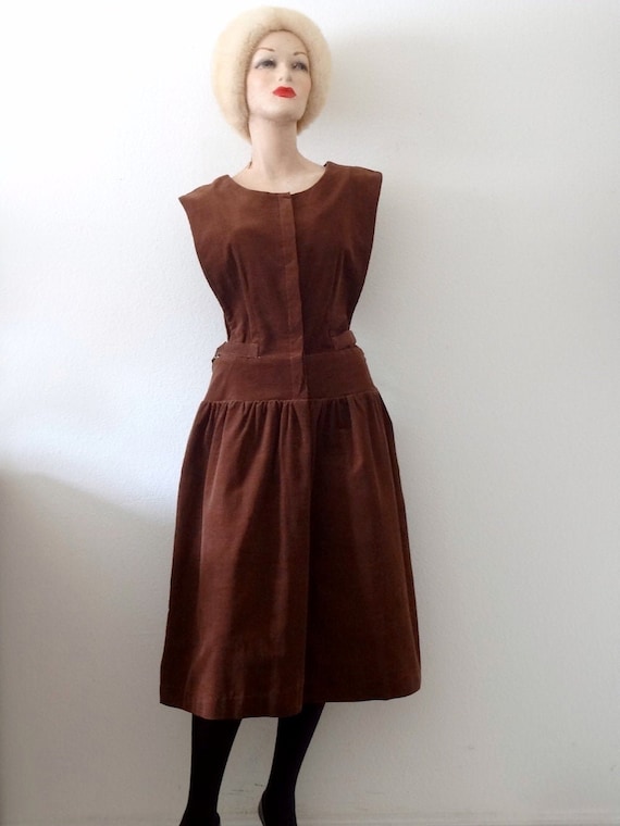 1980s Corduroy Pinafore Shirtwaist Dress - vintage