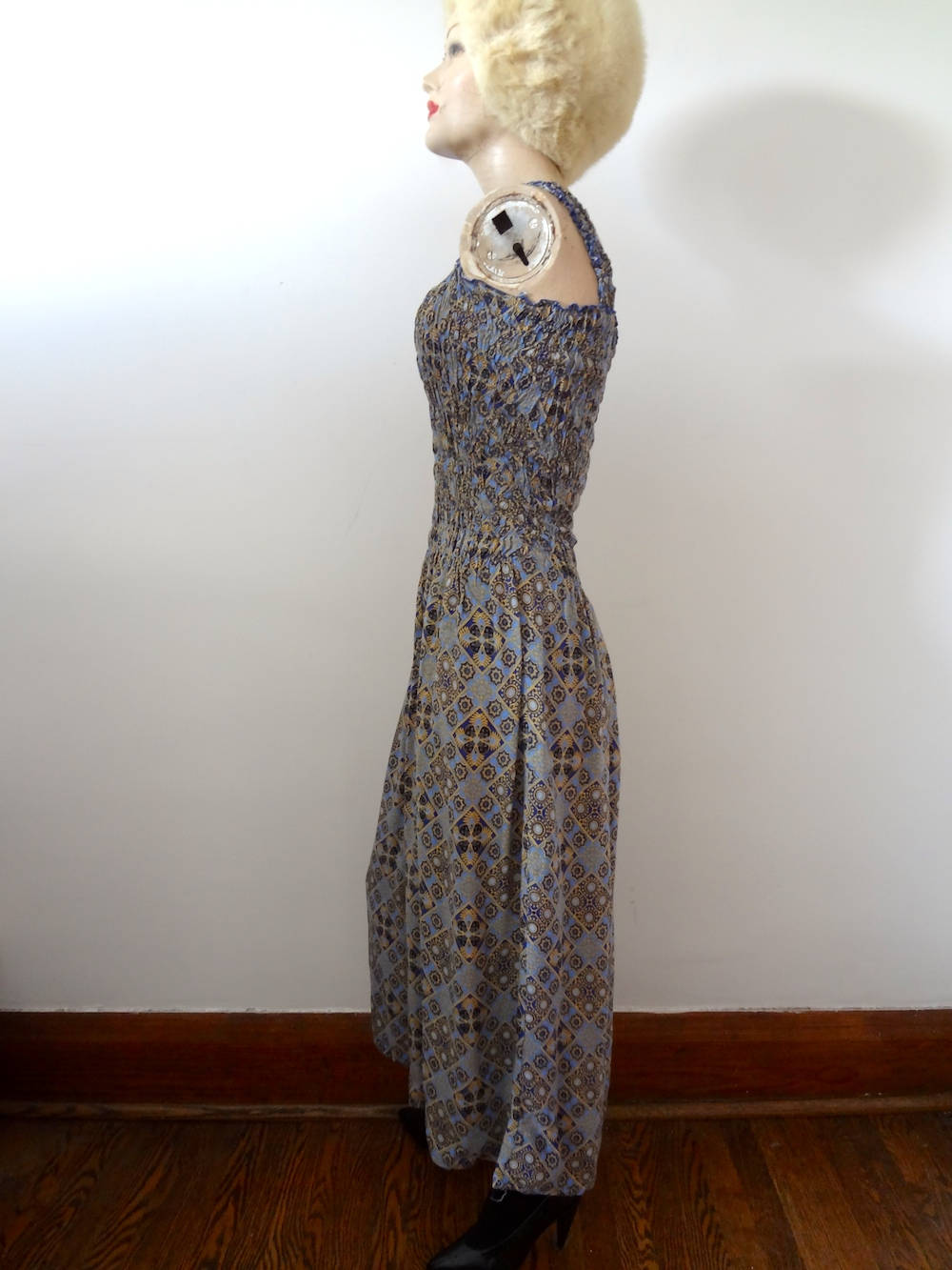 1980s Batik Sundress Vintage Ethnic Print Rayon Smocked 1980s Batik Sundress Vintage Ethnic Print Rayon Smocked