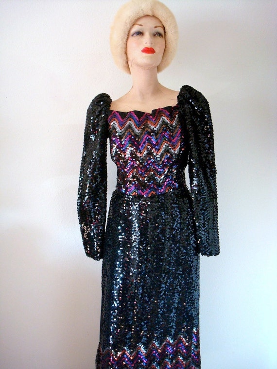 1970s Party Dress - Vintage Black Sequin Evening … - image 2