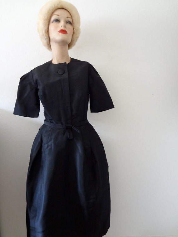 1960s Teal Traina Dress / black silk taffeta cock… - image 2