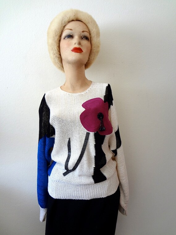 1980s Sweater / Avant Garde Knit Top with Suede F… - image 2