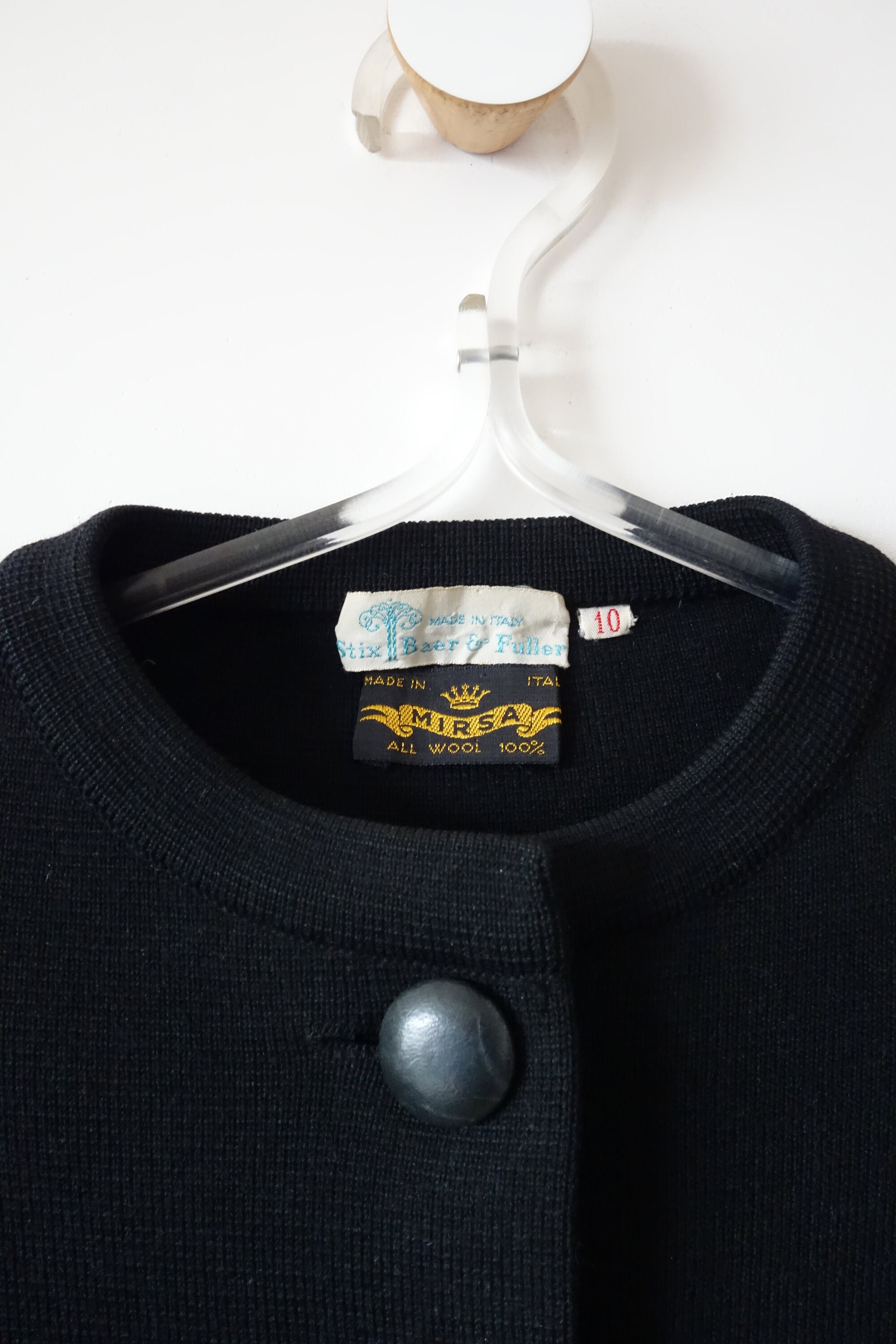 1960s Black Wool Knit Sweater Jacket - Vintage Leather Button 