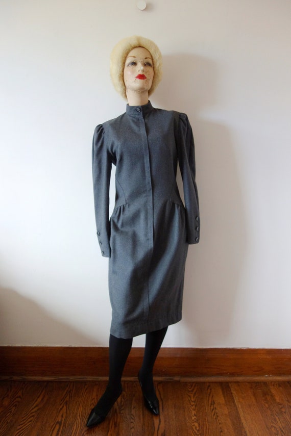 1980s Adele Simpson Day Dress - vintage grey wool… - image 1