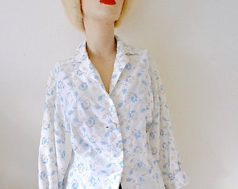 1950s Cotton Blouse / Vintage Floral Embroidered Shirt