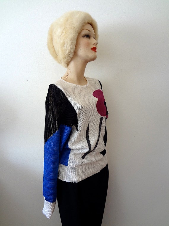 1980s Sweater / Avant Garde Knit Top with Suede F… - image 3