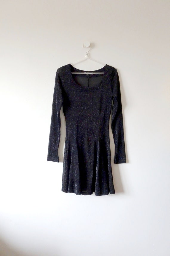 betsey johnson long sleeve dress 1990s Betsey Johnson Dress - Vintage Sheer Stretch Lurex Mini Skater Dress