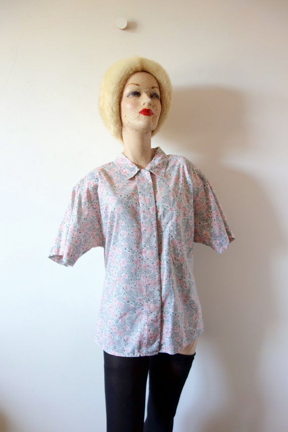 1980s Floral Print Blouse - vintage oversized cott